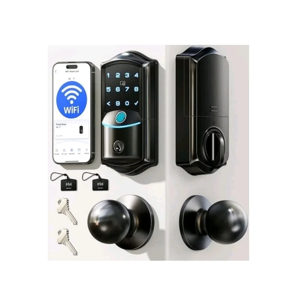 VE027-K Built-in WiFi Smart Lock with 2 Knob, Fingerprint Keyless Matte Black